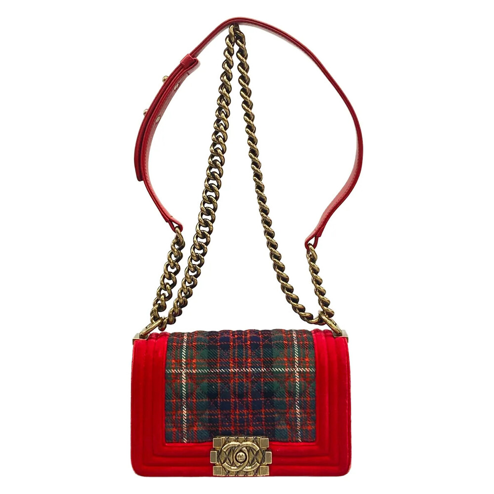 Chanel Boy Red Green Dark Navy Velour #333113C23B